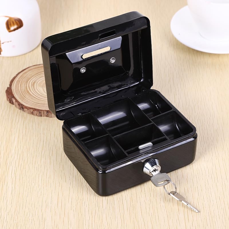 ZIBUYU Cash Box with Lock Portable Coin Box with Keys Money Storage Case Piggy Bank with 6 Compartments, Portable Metal Cash Box with Lock Small Locker Box for Money (4.92 x 3.74 x 2.36 Inch) - Black