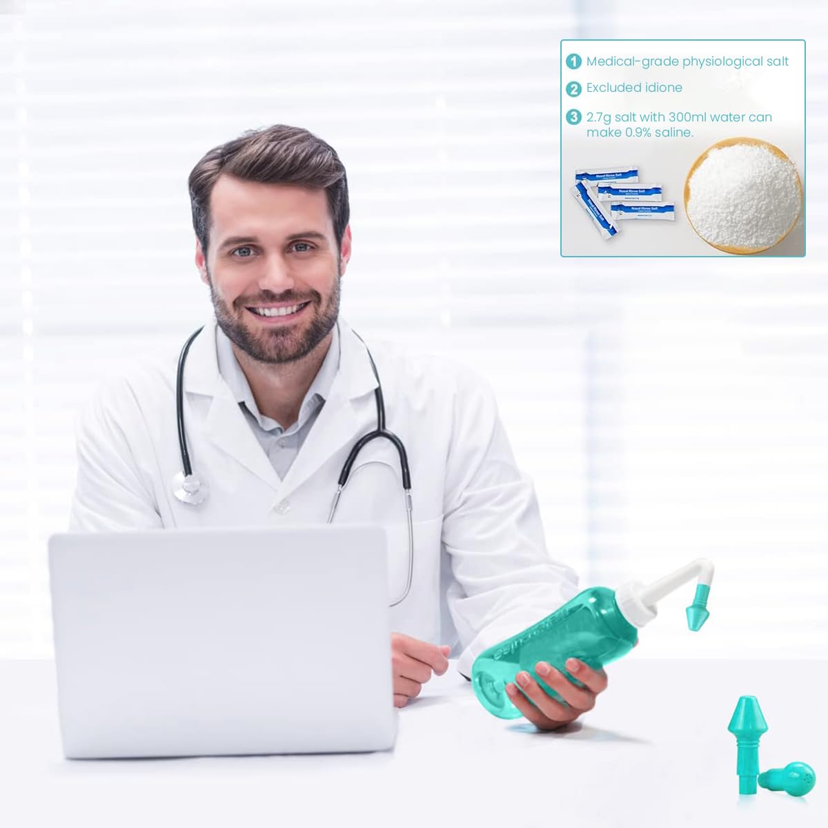 HANNEA Neti Pot for Sinus Rinse with 300ml Bottle and Auto Valve | 2 Nozzles Green