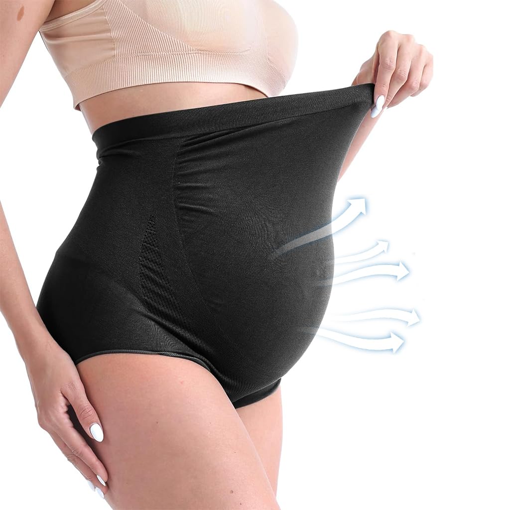 PALAY Maternity High Waist Underwear for Pregnancy with Seamless Belly Support, 2 Pack Beige&Black
