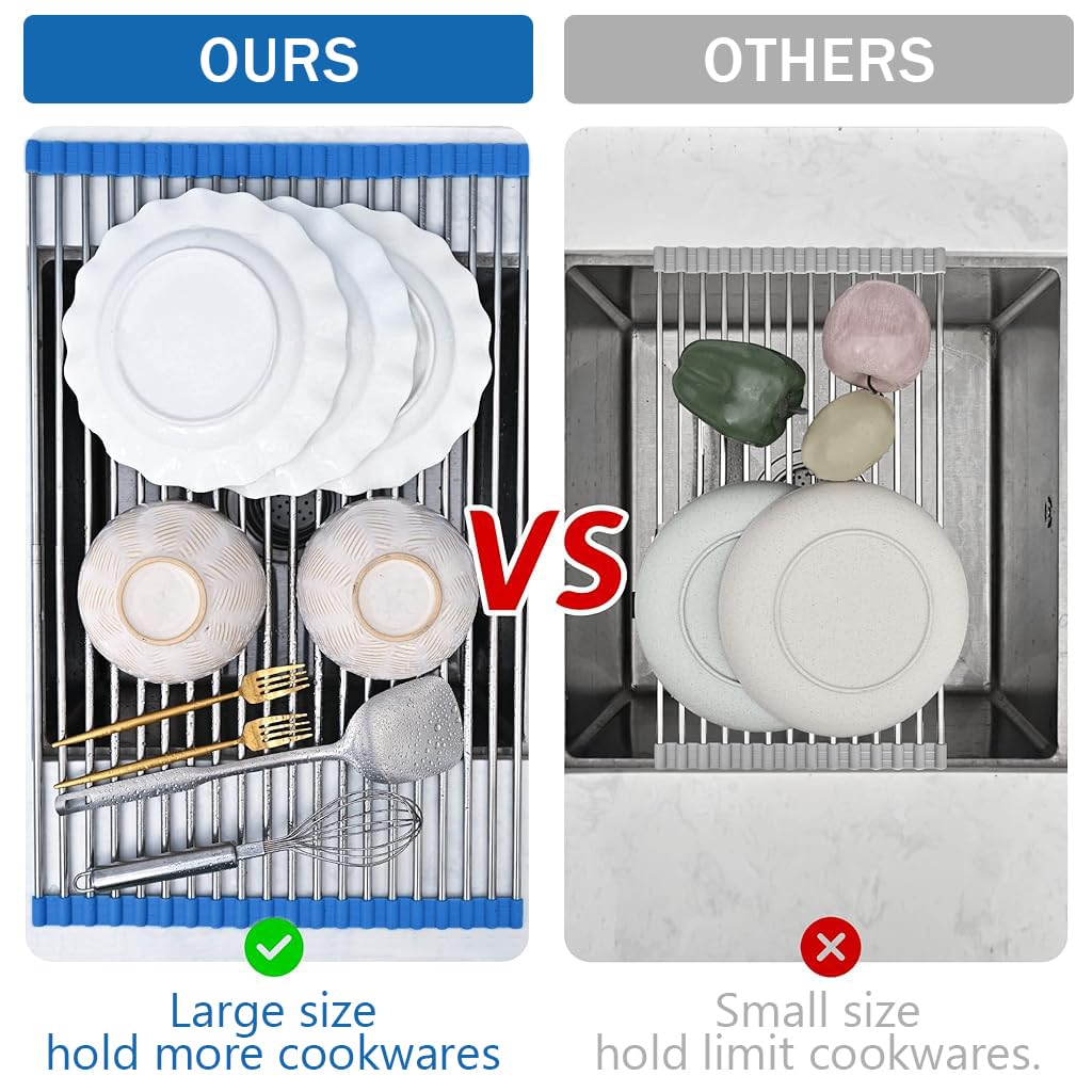 Supvox Dish Drying Mat for Kitchen Sink 20 x 13 in with 18 Rod Roll Up Stainless Steel Rack