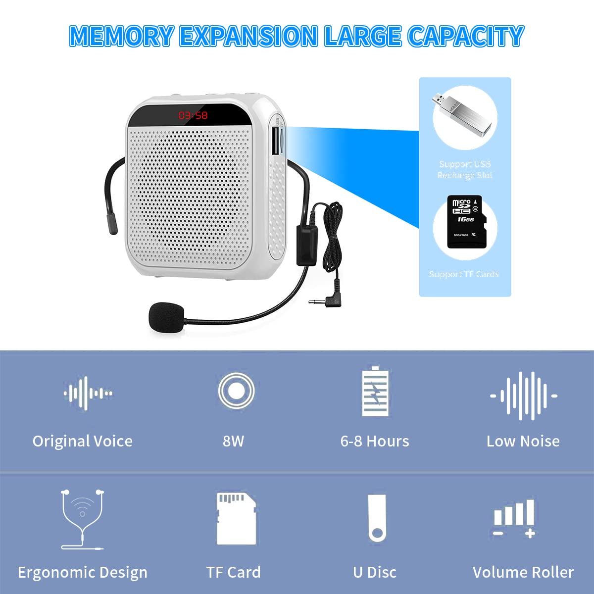 ZORBES Voice Amplifier for Teachers with Headset Microphone featuring 2200 mAh Battery | Supports TF Card and USB Playback