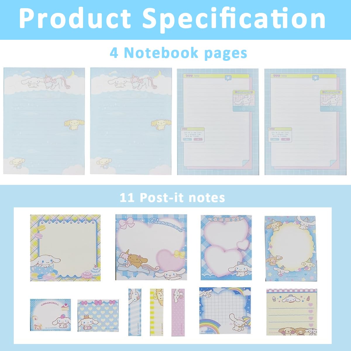 HASTHIP® 330 Sheets Kawaii Sticky Notes Set - Cute Cinnamoroll Themed, Cartoon Sticky Notes with Lined Letter Papers, 8 Packs Sticky Notes & 3 Sticky Tabs for Scrapbooking, School, Office Supplies