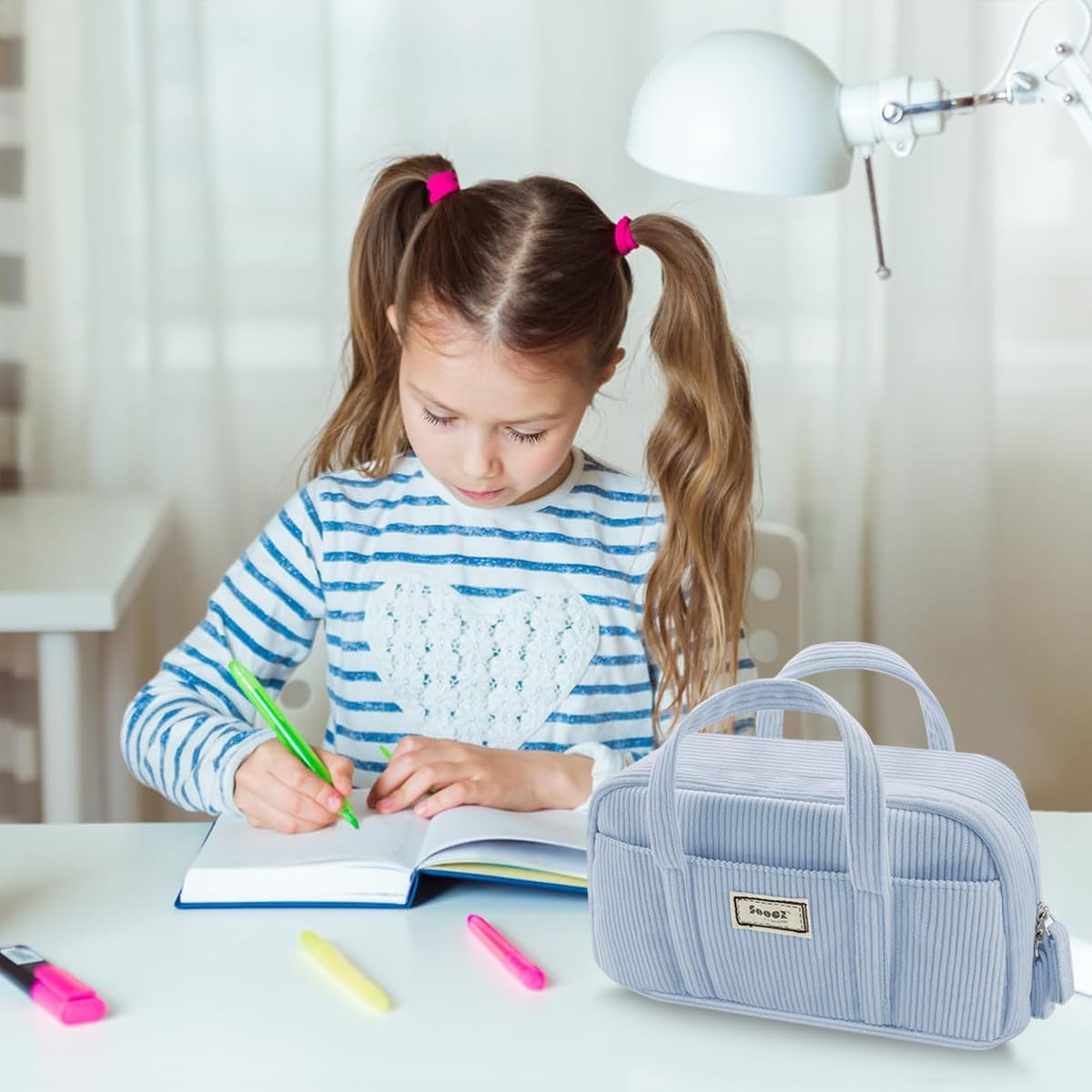 Climberty Pencil Pouch with 5 Compartments and Portable Handle, 9.05×7.4×2.8 in Corduroy Case for Girls Boys | Blue School Supplies Organizer