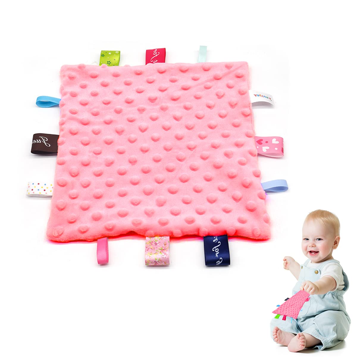 SNOWIE SOFT Cloth Toys for Baby with 10 in Square Plush Blanket featuring Colorful Tags | Soft Sensory Security Comforter for Newborns