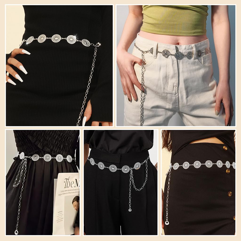 PALAY Belt for Women Dresses featuring Metal Concho Discs and Adjustable Waist Chain | Silver
