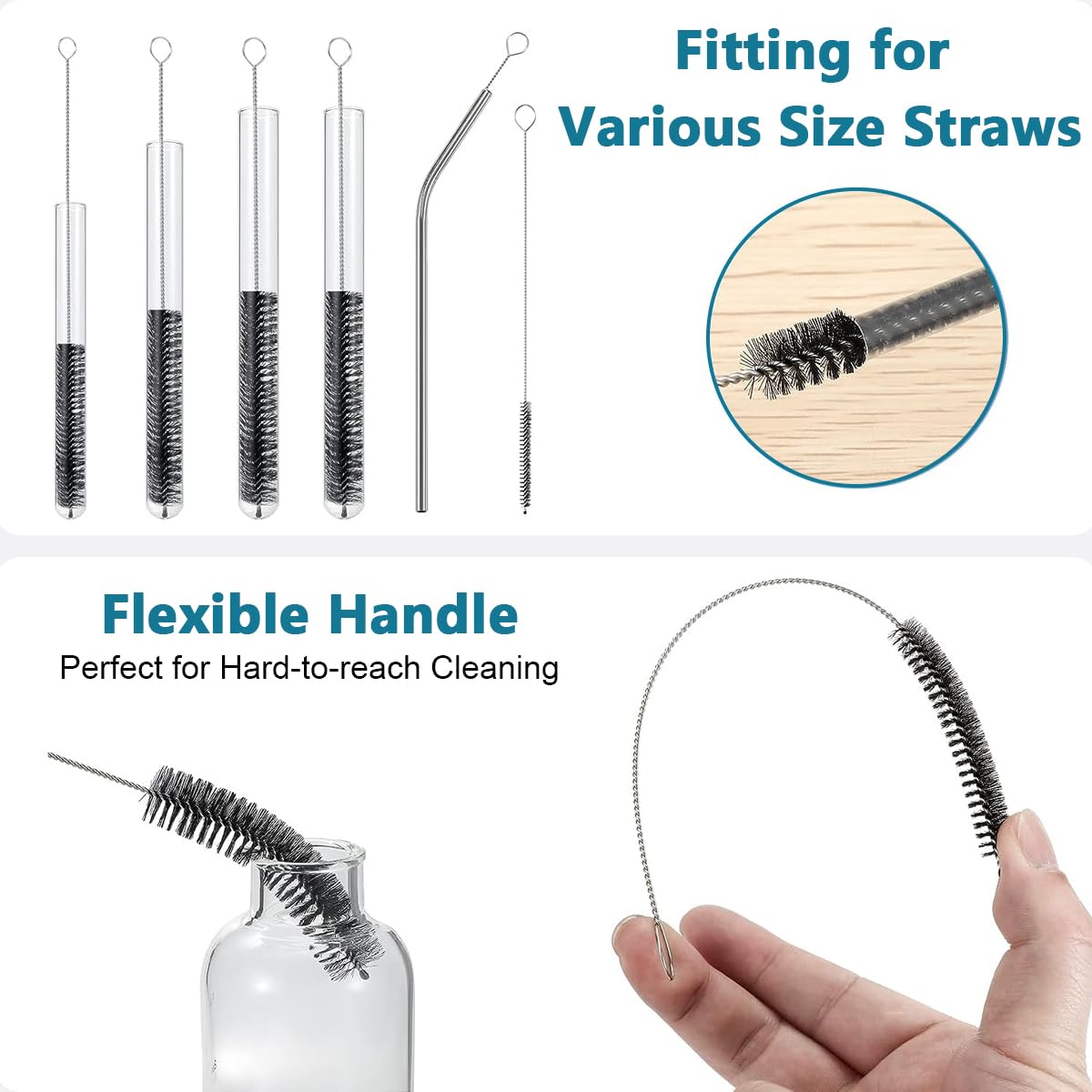 HASTHIP Straw Cleaner Brushes for Bottles and Sippy Cups with Fine Tip | 12pcs 8 in Stainless Steel and Nylon Set