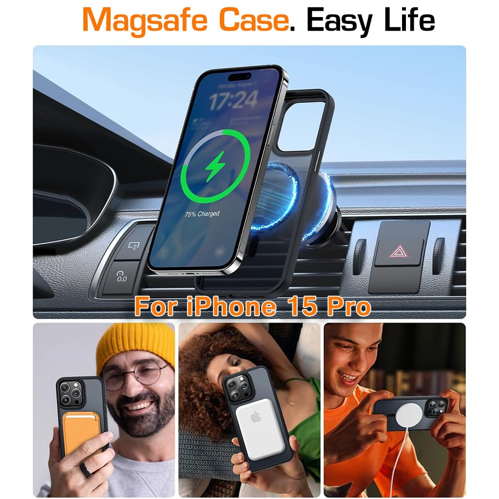 ZORBES Phone Case for iPhone 15 Pro with Magnet Ring and Metal Buttons | Black Rubber Frame