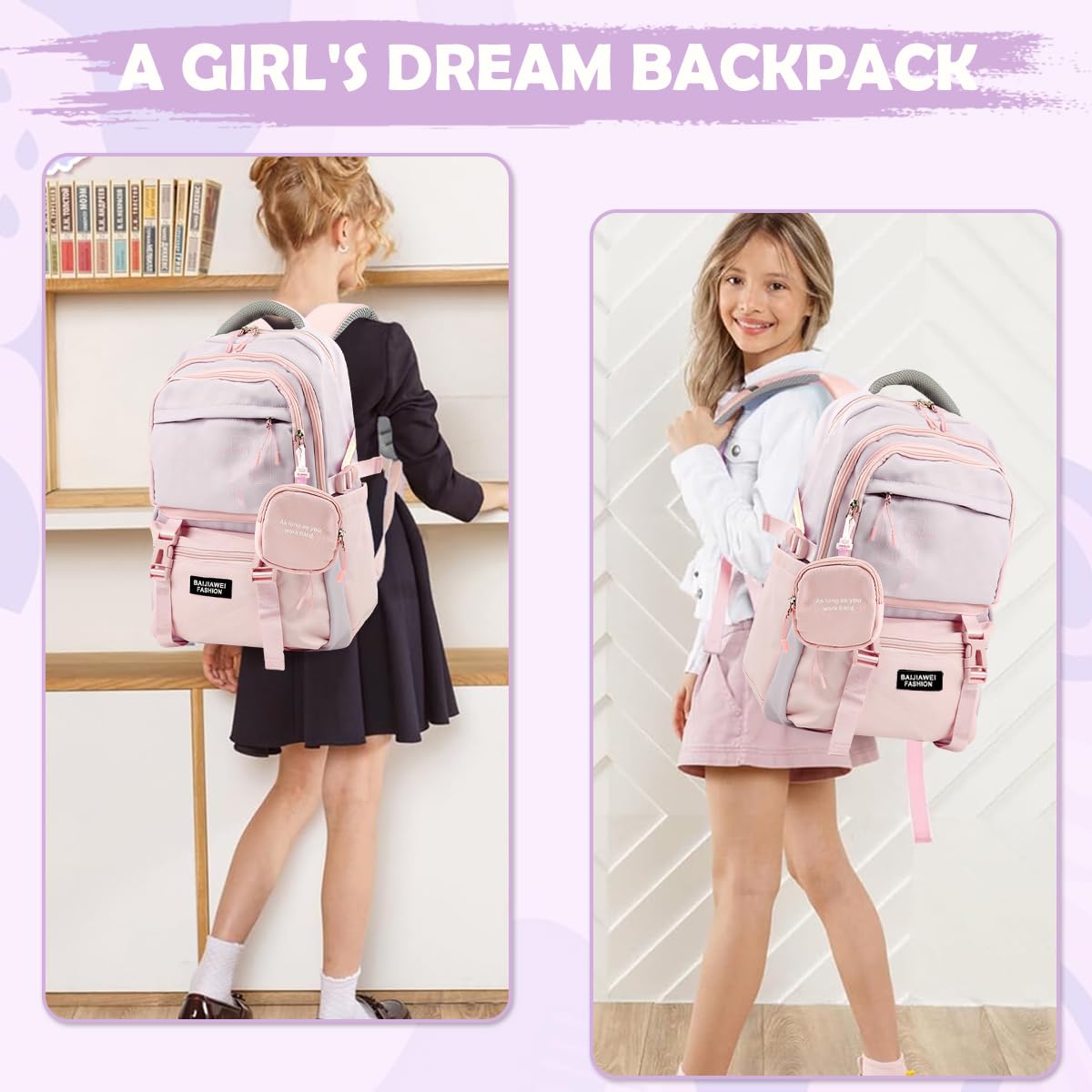 PALAY Girls Backpack for School and Travel with Padded Straps & Multi Compartments | Pink Nylon 3 PCS Set