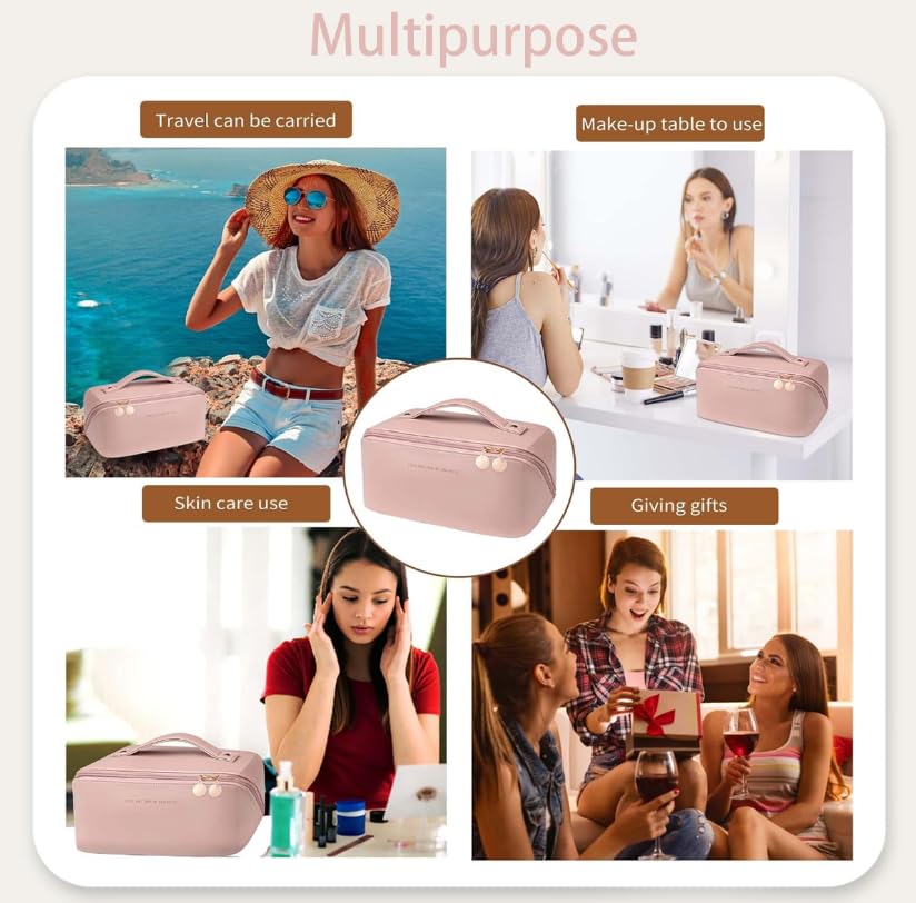 ZIBUYU Large Capacity Cosmetic Bag for Travel with 6 Compartments and Flat Open Design | Pink