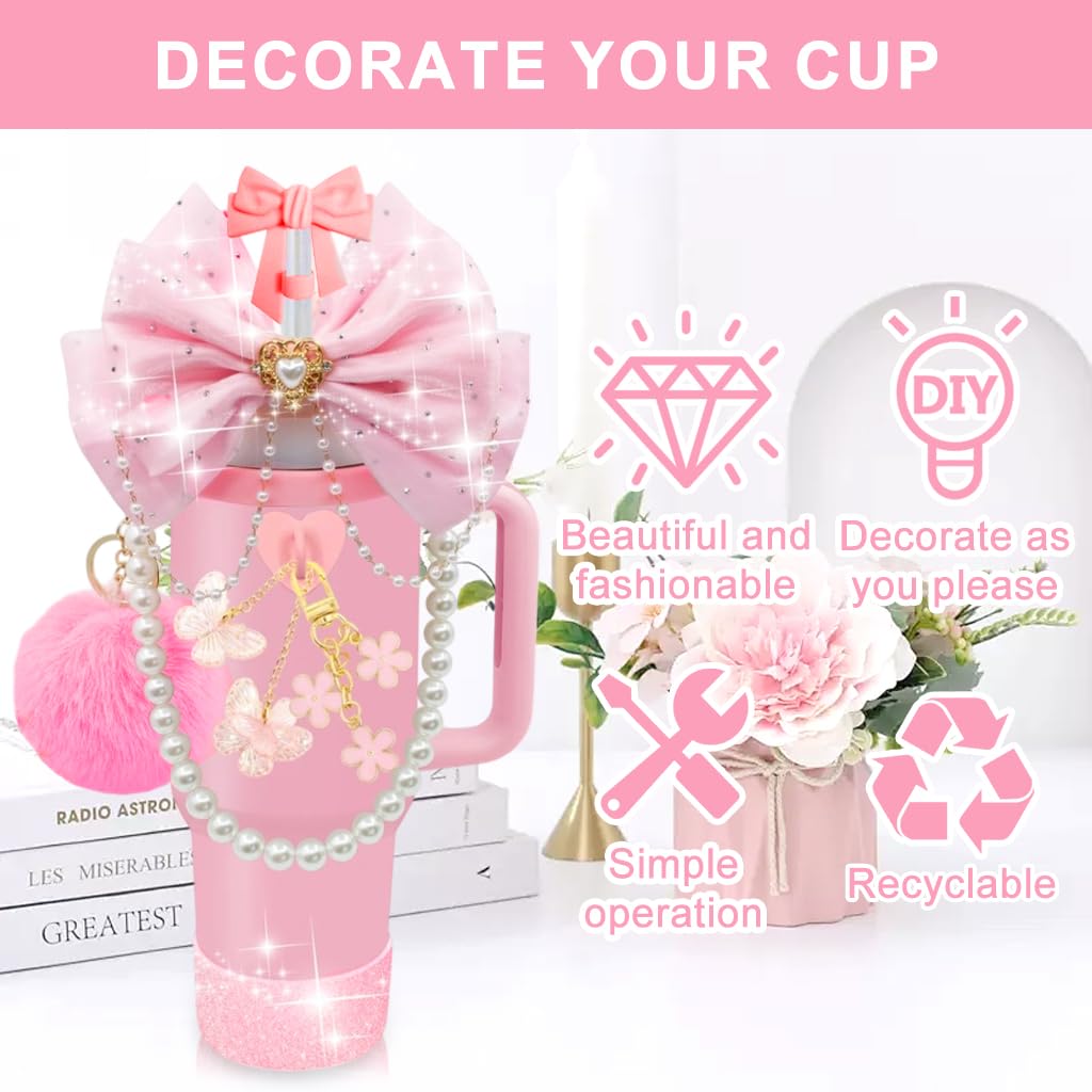 HASTHIP Stanley Cup Accessories for Women featuring 9Pcs Pink Bow and Beaded Lanyard Set