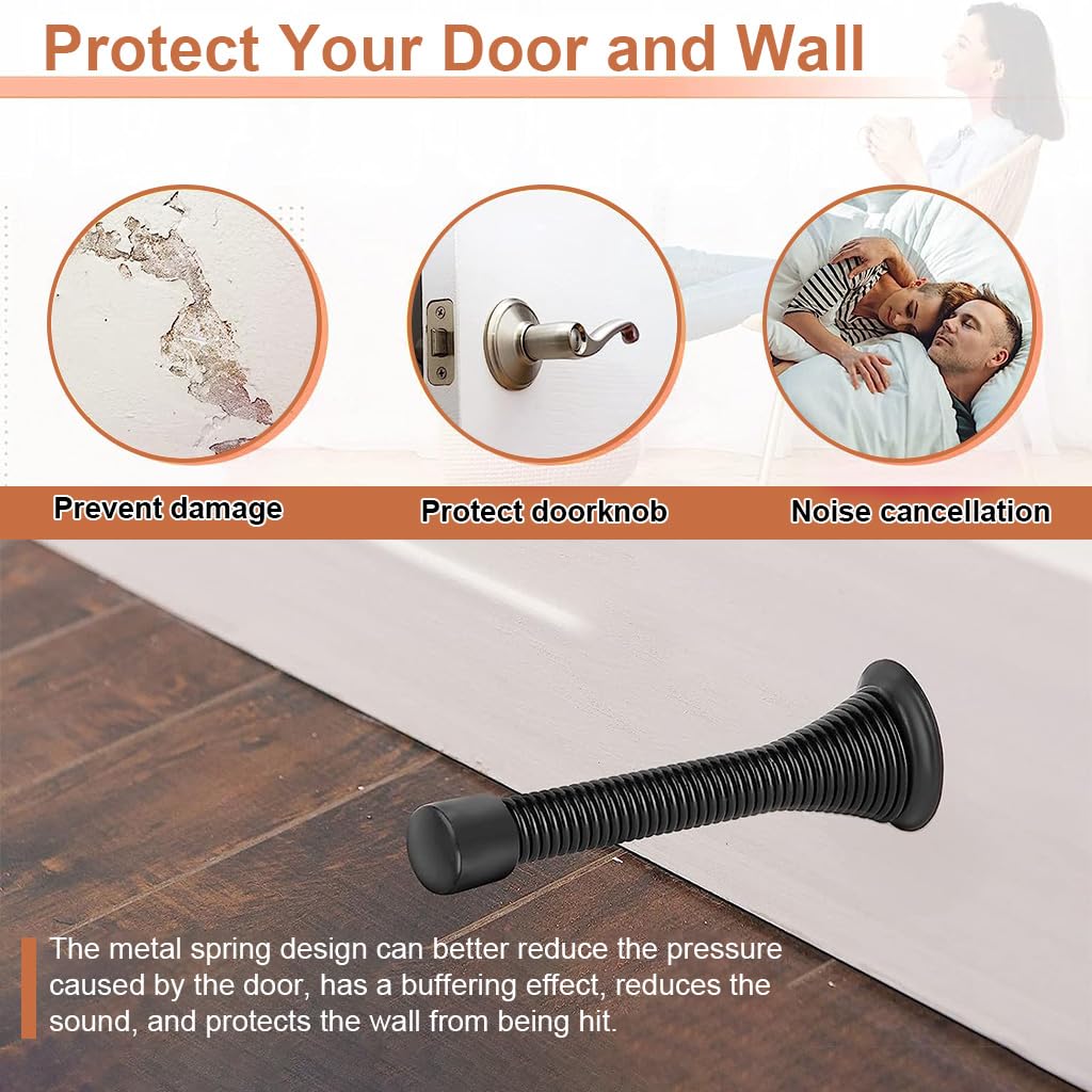 Supvox Door Stops for Baseboards with Screw Mounted Spring Design 6pcs Stainless Steel | Black Rubber Tips for Wall Protection