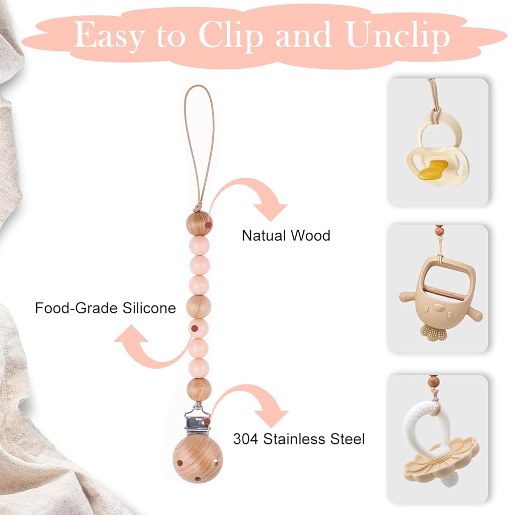 SNOWIE SOFT 5 Pcs Baby Girls Shower Gift Box Set New Born Baby Gifts Pink Bunny Baby Teether Pacifer Chain Clip Beaded Chain Soothing Toy Pink Bow Headband Food Grade Silicone Baby Teether