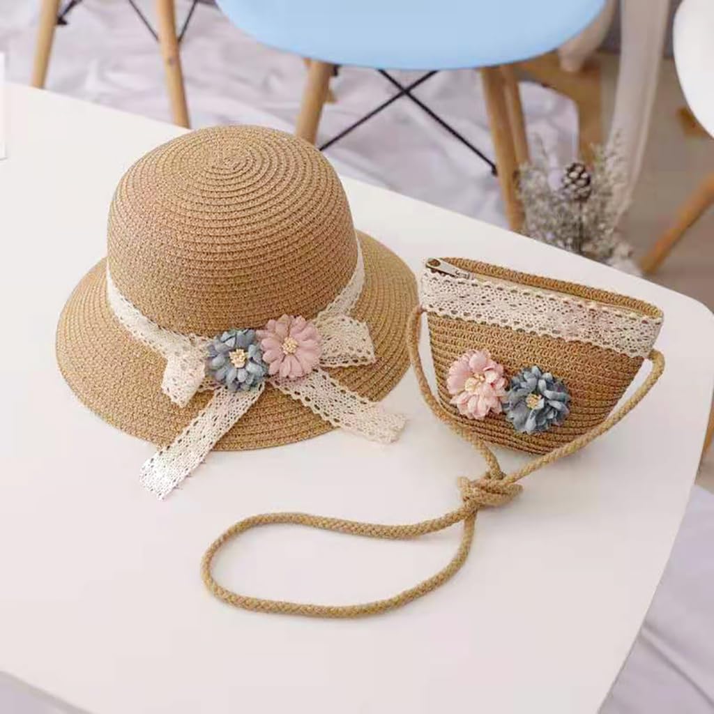 SNOWIE SOFT® Straw Hat for Kids Hat for Girls Summer Sun Hat with Mini Shoulder Bag Combo, Toddler Wide Brim Straw Girls Cap Floral Lace Bowknot Beach Hat for Girls Birthday Gift for 4-5 Years Olds