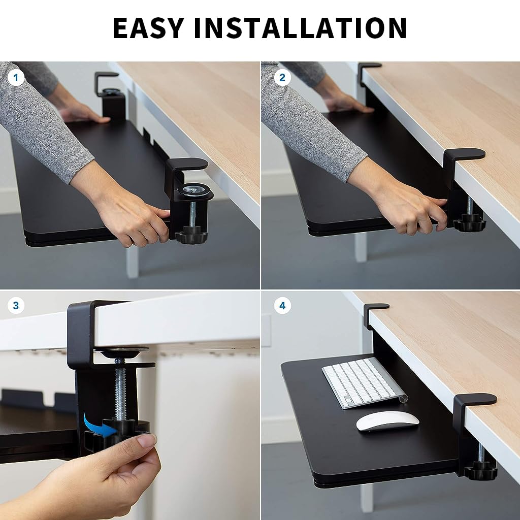 Verilux® Keyboard Tray Under Desk Pull Out Keyboard Rack, Retractable Clip Mount Installation Drawer Style Keyboard Rack Under Sliding Keyboard Rack for PC Desk, Office Desk, Dorm, 25.5'' x 9.8''