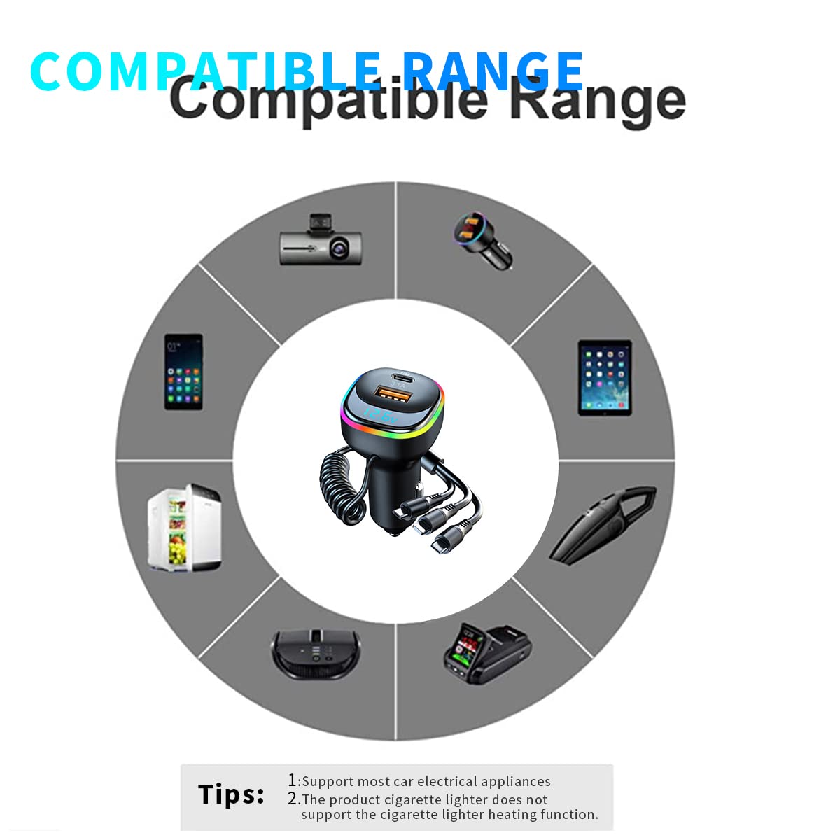 STHIRA Car Charger for 12V and 24V Vehicles with 65W PD Port and 5ft 3‑in‑1 Cable | Multi‑Device Fast Charging