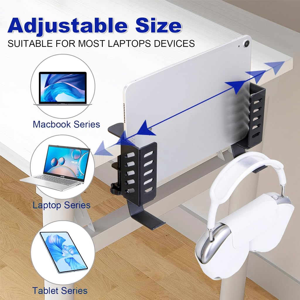 Zeitel Tablet and Laptop Holder for Desk Edge with Screw Mounting and Hooks | Aluminum Organizer