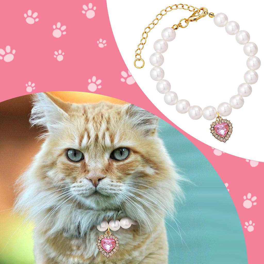 Qpets Jewelry Cat Collar for Cats and Small Dogs featuring Pink Rhinestone Heart Charm | Adjustable 20–25 cm Pearl Necklace Set 2 pcs
