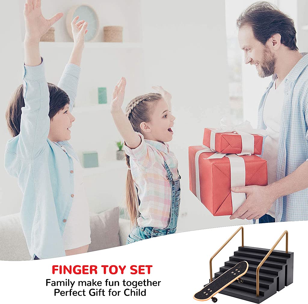 PATPAT Fingerboard Rail Park Stair Kit for Tabletop Tricks with Handrails and Mini Skateboard | 5.6x5.6x2.76 in Black Toy for Kids 9+