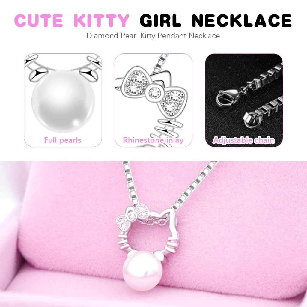 SANNIDHI Hello Kitty Necklace for Women and Girls with Rhinestone Pendant | Velvet Gift Box