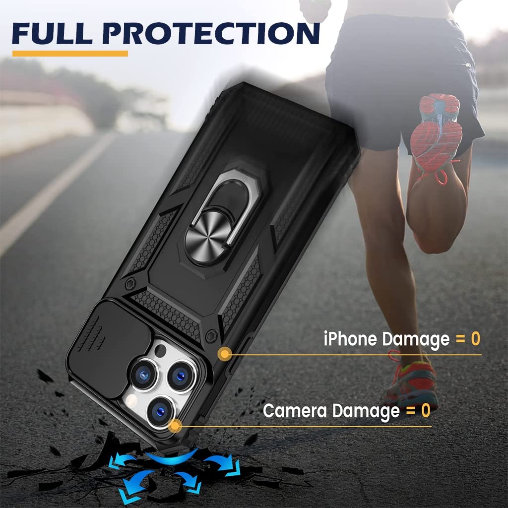 ZORBES Phone Case for iPhone 13 with Sliding Camera Cover and Ring Kickstand | TPU Shockproof Protection