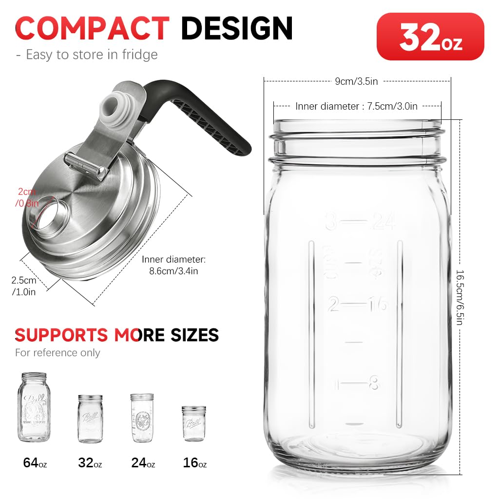 Supvox Glass Mason Jar for Kitchen Storage with Handle and Capped Pour Spout | 32oz 304 Stainless Steel Lid