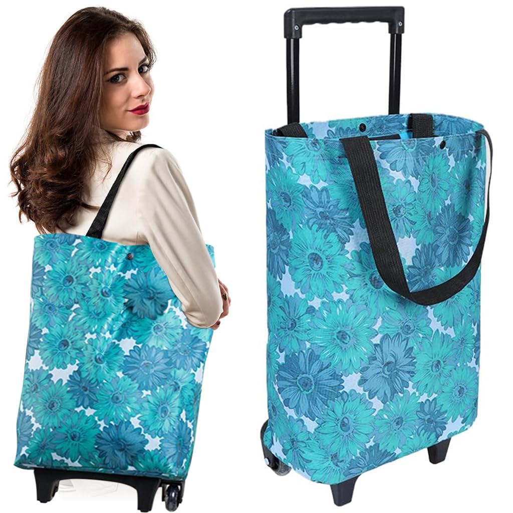 HASTHIP Portable Shopping Cart for Groceries with Wheels and Telescopic Handle | Foldable Waterproof Floral Bag
