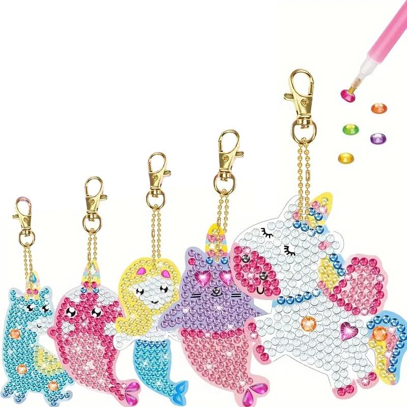 PATPAT DIY Diamond Painting Keychain Kit for Girls with 5 Acrylic Designs | Unicorn and Mermaid Crafts