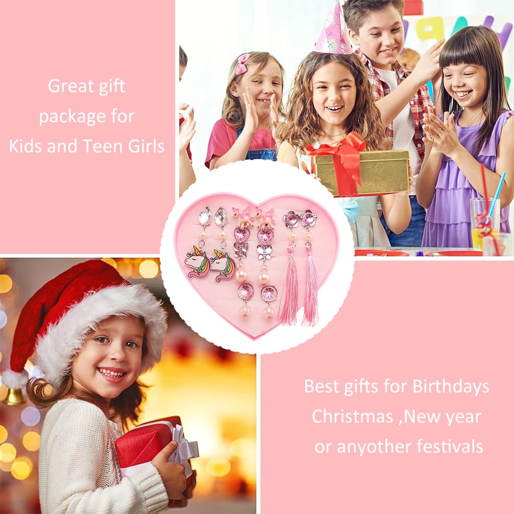 SANNIDHI 6 Pairs Earrings for Girls Stylish Unicorn Princess Clip On Earrings for Non Pierced Ears Dress Up Pretend Play Rhinestone Pearl Earrings Set Cute Kids Earrings for Girls Jewellery Gift