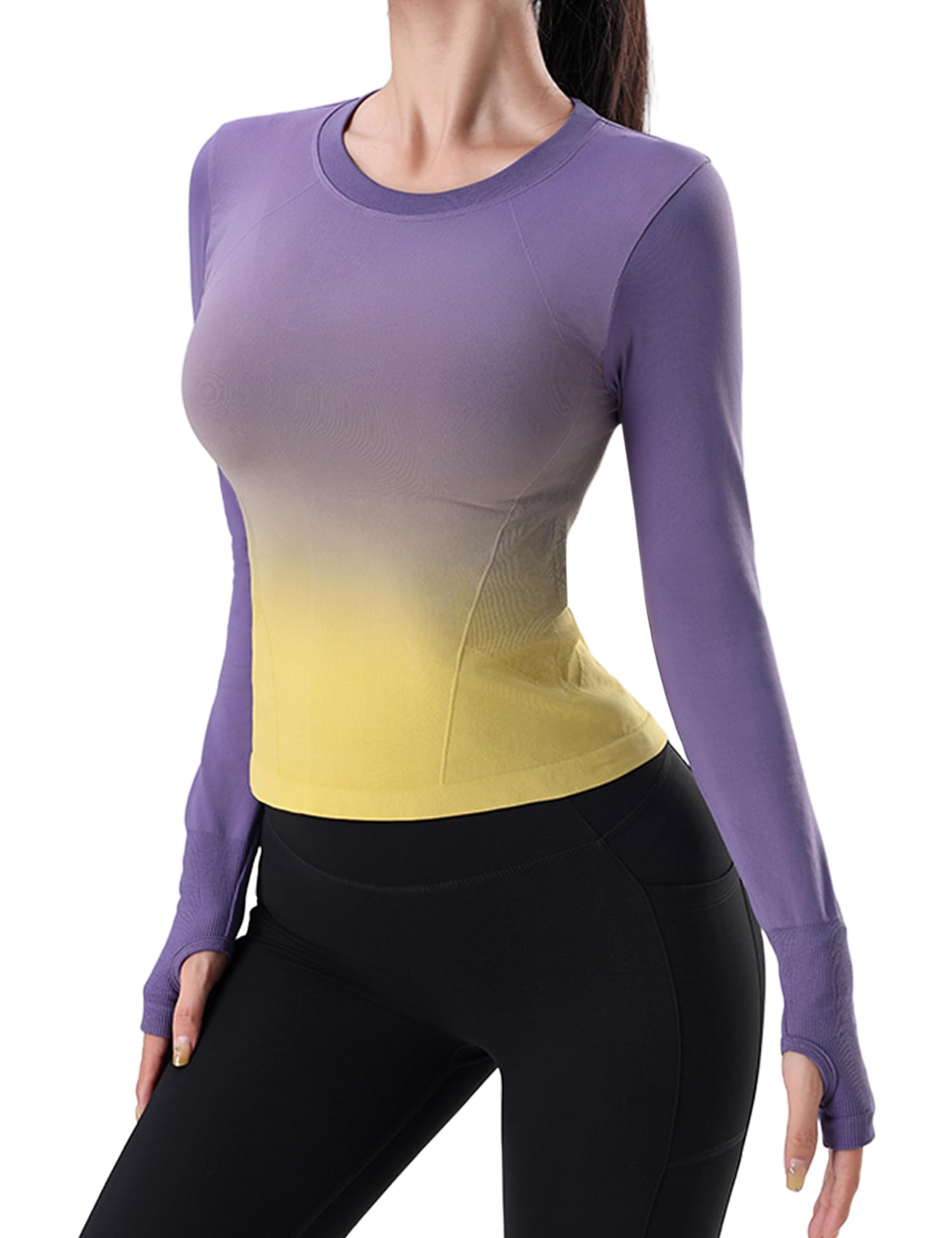 Venzina Women's Gradient Workout T-Shirt with Thumbholes and Quick Dry Fabric | Slim Fit Yoga Top