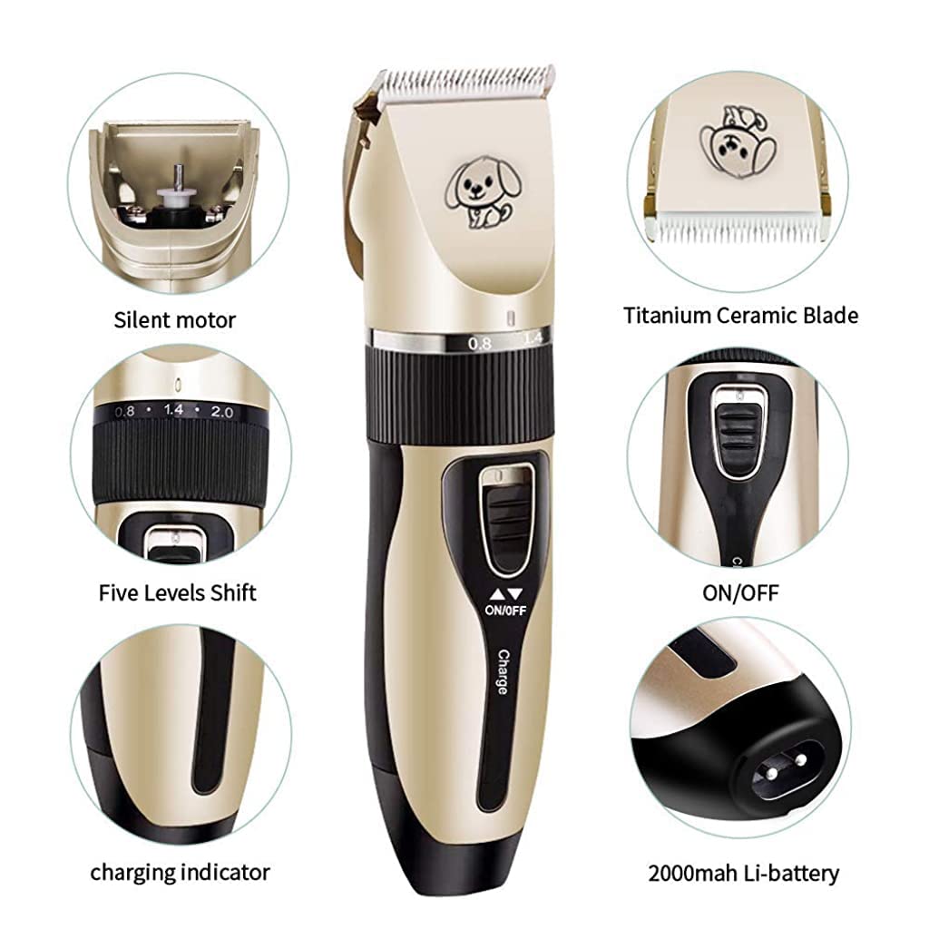 Qpets Dog Clippers for Grooming with 5 Speed Settings and 4 Guard Combs | Low Noise Gold Trimmer