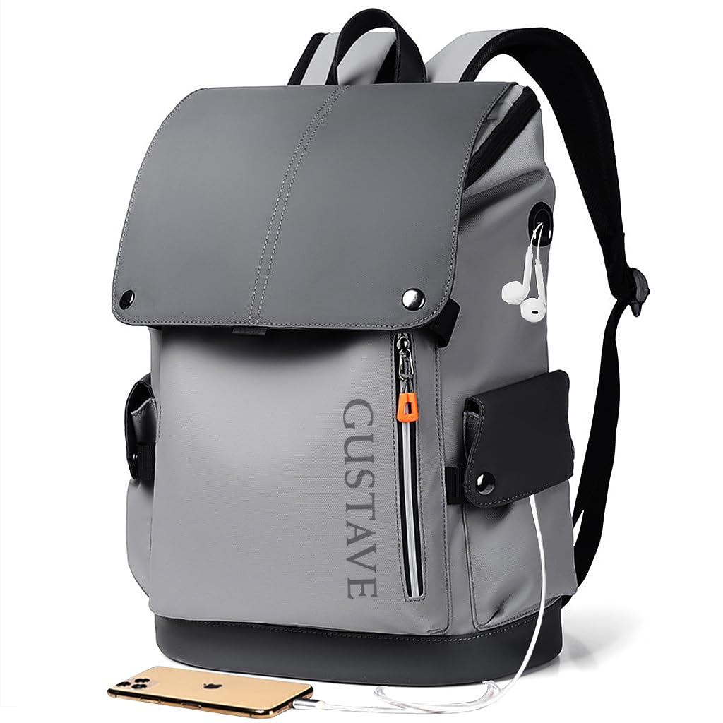 GUSTAVE® Fashion Laptop Bags for Mens 15.6 Inch Large Capacity Waterproof Travel Backpack Office Bag Walkent Backpack with USB Charging Port Flap & Zipper Closure, Grey