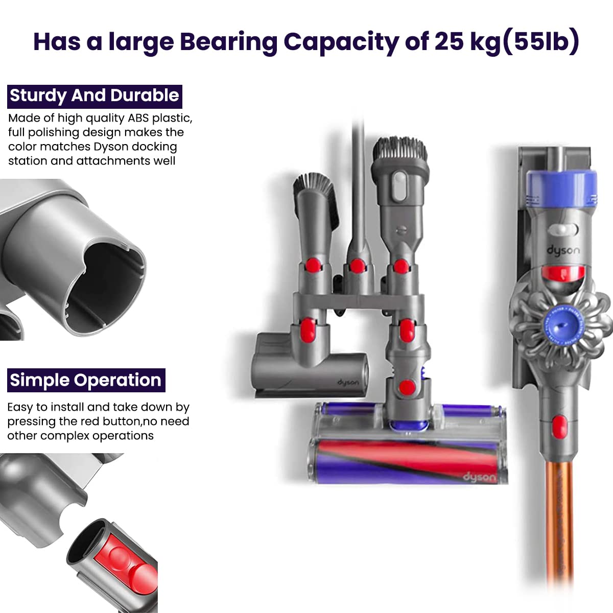 HASTHIP Attachments Holder for Dyson V7 V8 V10 V11 V15 with 5 Slots and Screw Mounted Wall Rack | ABS Organizer