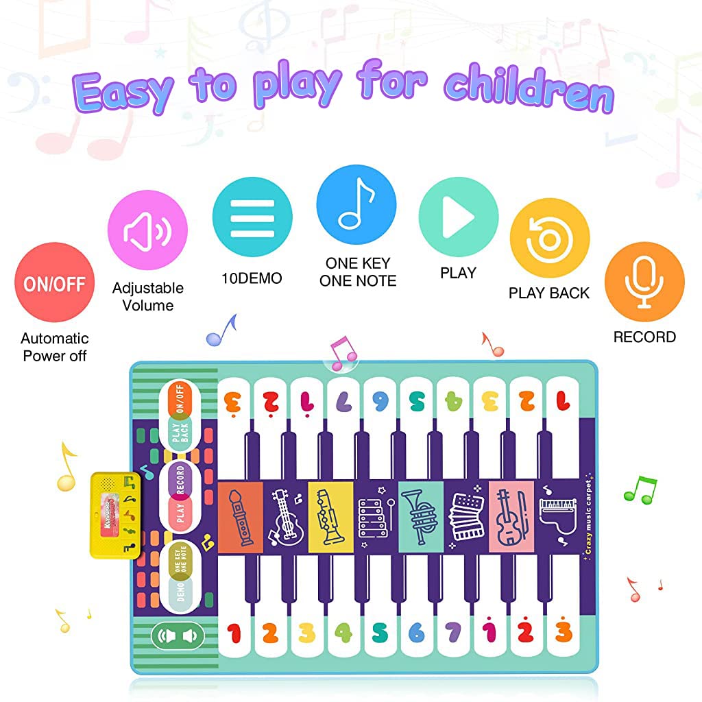 PATPAT  Musical Mat for Kids, 46.5  x 30.7  Dual-Row Keyboard Floor Piano Mat for Kids with Recording, 20 Keys & 8 Instrument, 10 Demos, Musical Mat Educational Toys Gifts for 1-6 Year Old Boys Girls