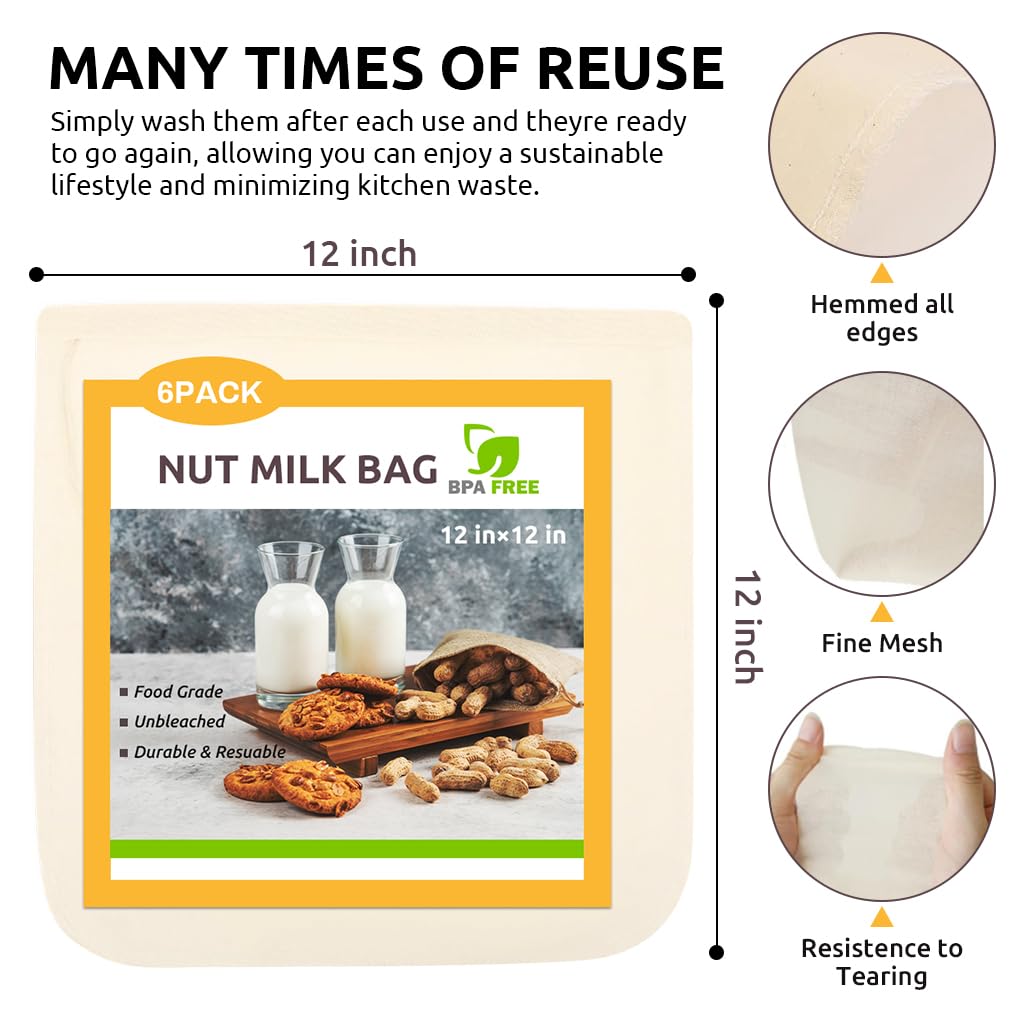 Supvox Muslin Cloth for Kitchen 6Pcs 12x12 in with Drawstring Closure | Unbleached Cotton