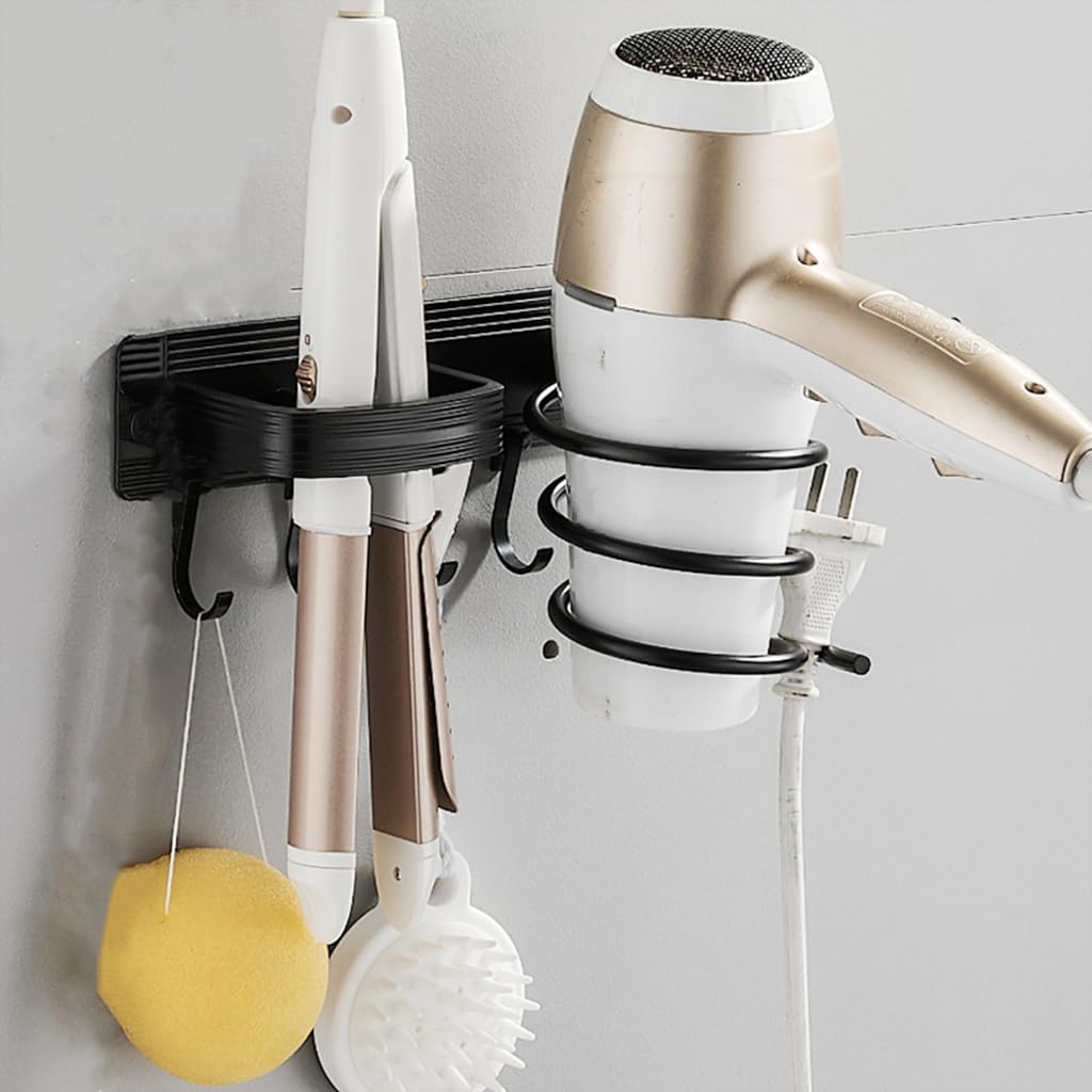 HASTHIP Hair Dryer Stand for Wall with 4 Hooks and Nail Free Installation | Aluminum Alloy Organizer for Bathroom and Salon