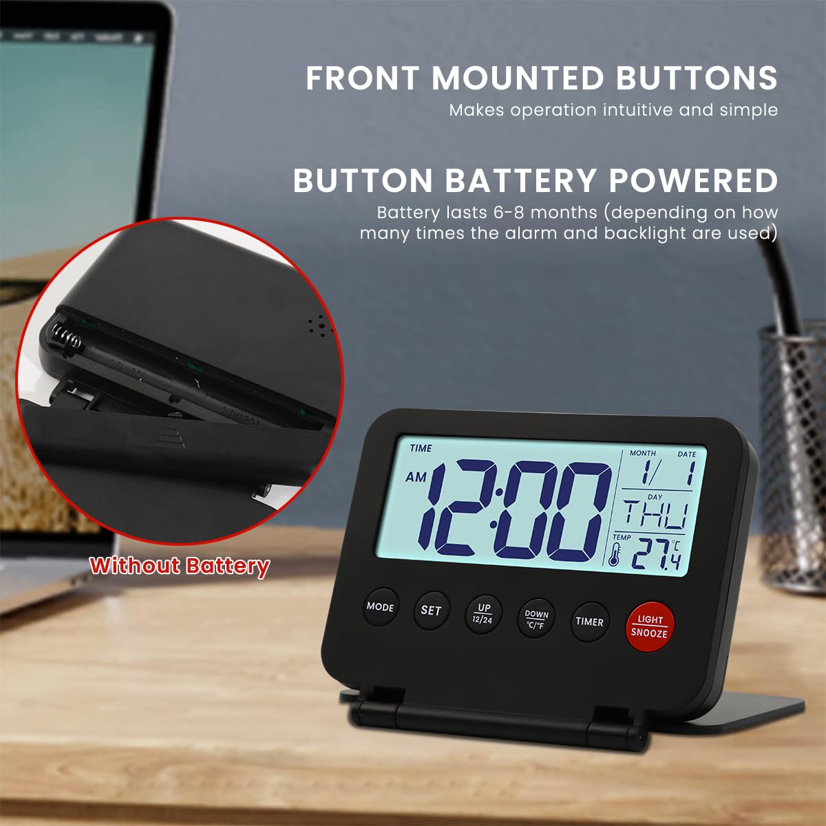 HASTHIP® Mini Alarm Clock Backlight Digital Alarm Clock with Date & Temp Kitchen Timer with Folding Bracket Battery Powered Mini Desk Clock for Kitchen, Study (Battery Not Included)