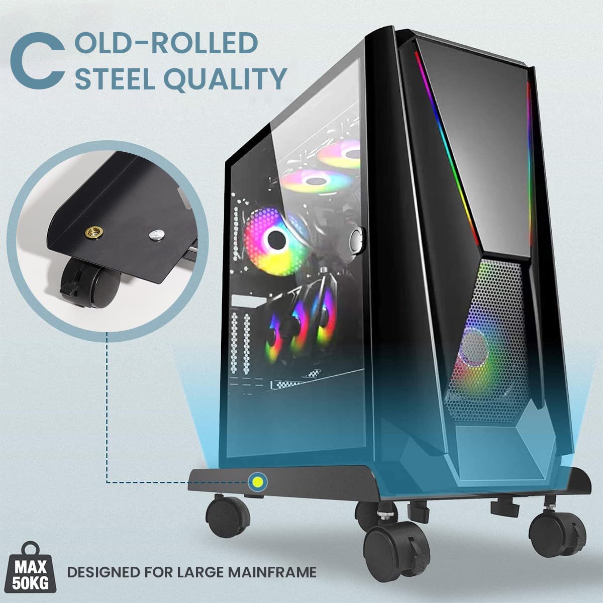 Adjustable Mobile CPU Stand for Home and Office with 4 Lockable Wheels and Ventilated Tray | Carbon Steel Riser Supports 88 lbs