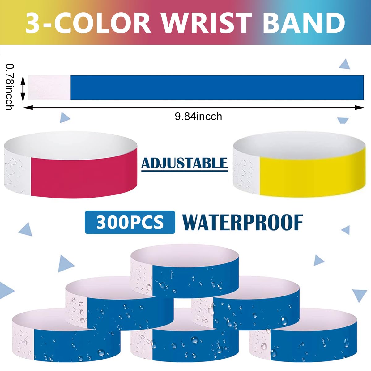HASTHIP Paper Wristbands for Party and Event Entry with Self Adhesive Closure | 300 pcs 25 cm Bands in Red Yellow Blue