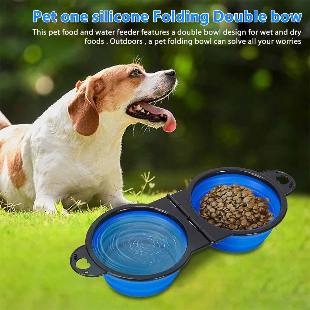 Qpets® Dog Bowl Outdoor Folding Dog Bowl 2 in 1 Dog Feeding Bowl Food Bowl Water Bowl for Travel, Hiking Food Grade Silicone Material Convenient Bifold Dog Car Food Bowl with Carabiner