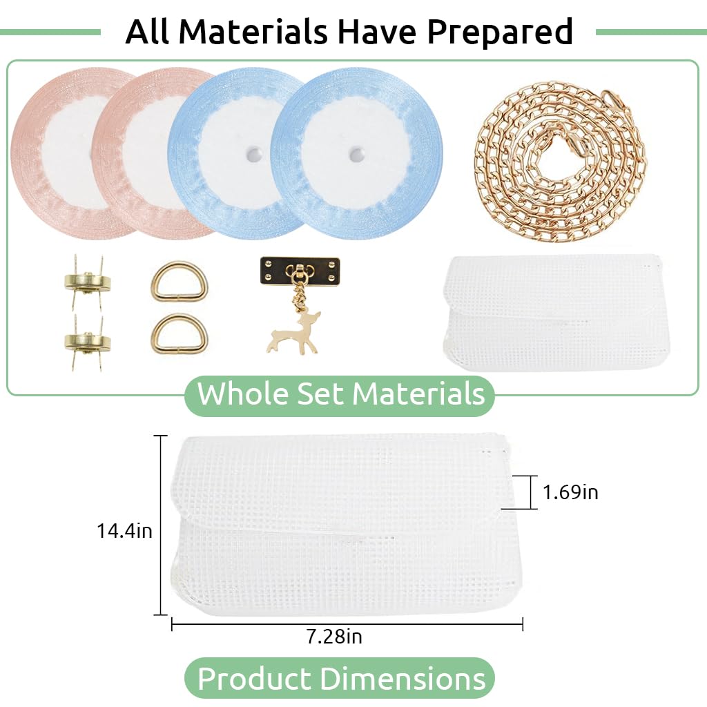 HASTHIP Plastic Mesh Canvas Sheet for Bag Making with Golden Chain & Acrylic Yarn Kit | 3PCS DIY Crochet Craft Set