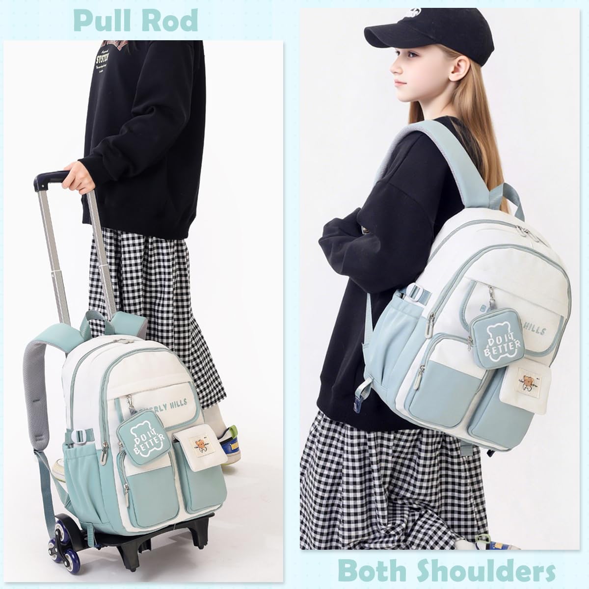 PALAY School Backpack for Girls with Wheels featuring 6‑Wheel Trolley & Retractable Handle