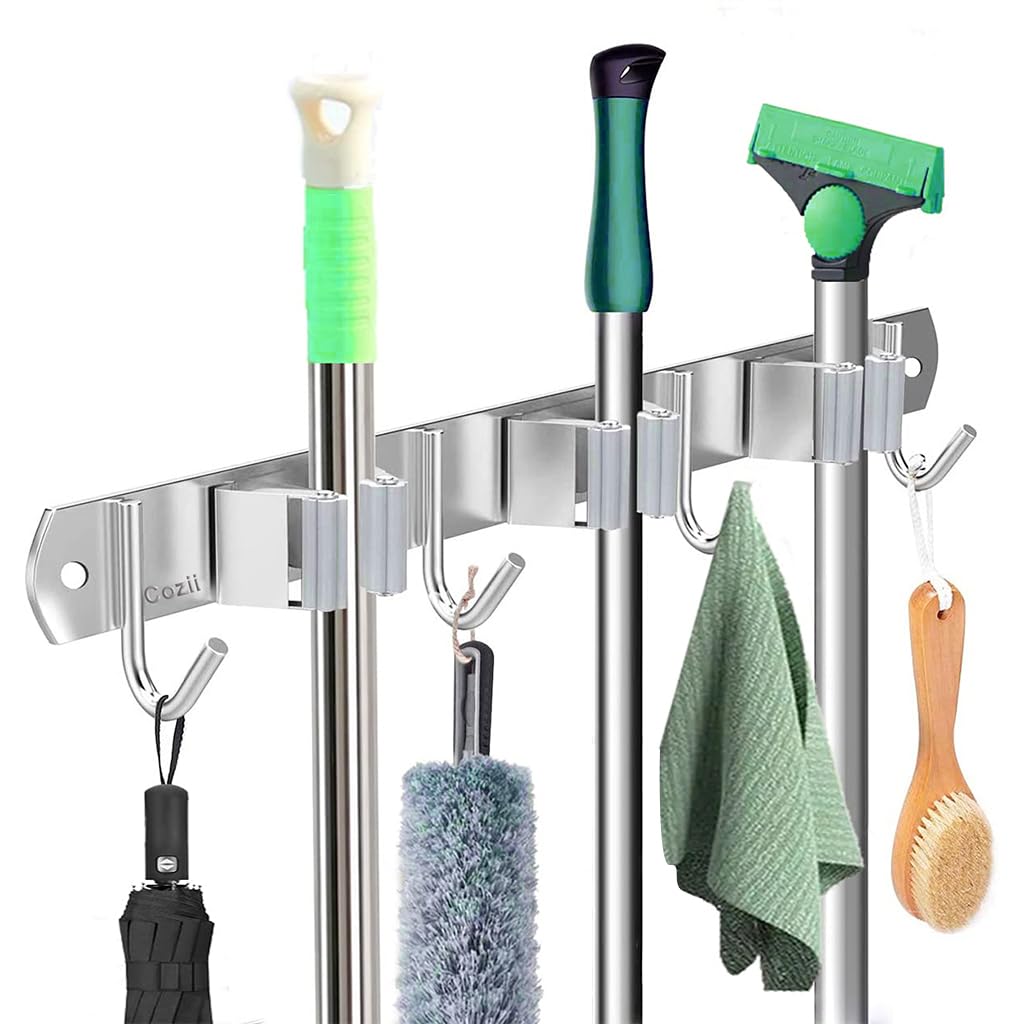 Zibuyu Broom Holder Wall Mounted for Kitchen and Bathroom with 3 Holders & 4 Hooks 14.9 in Stainless Steel Organizer