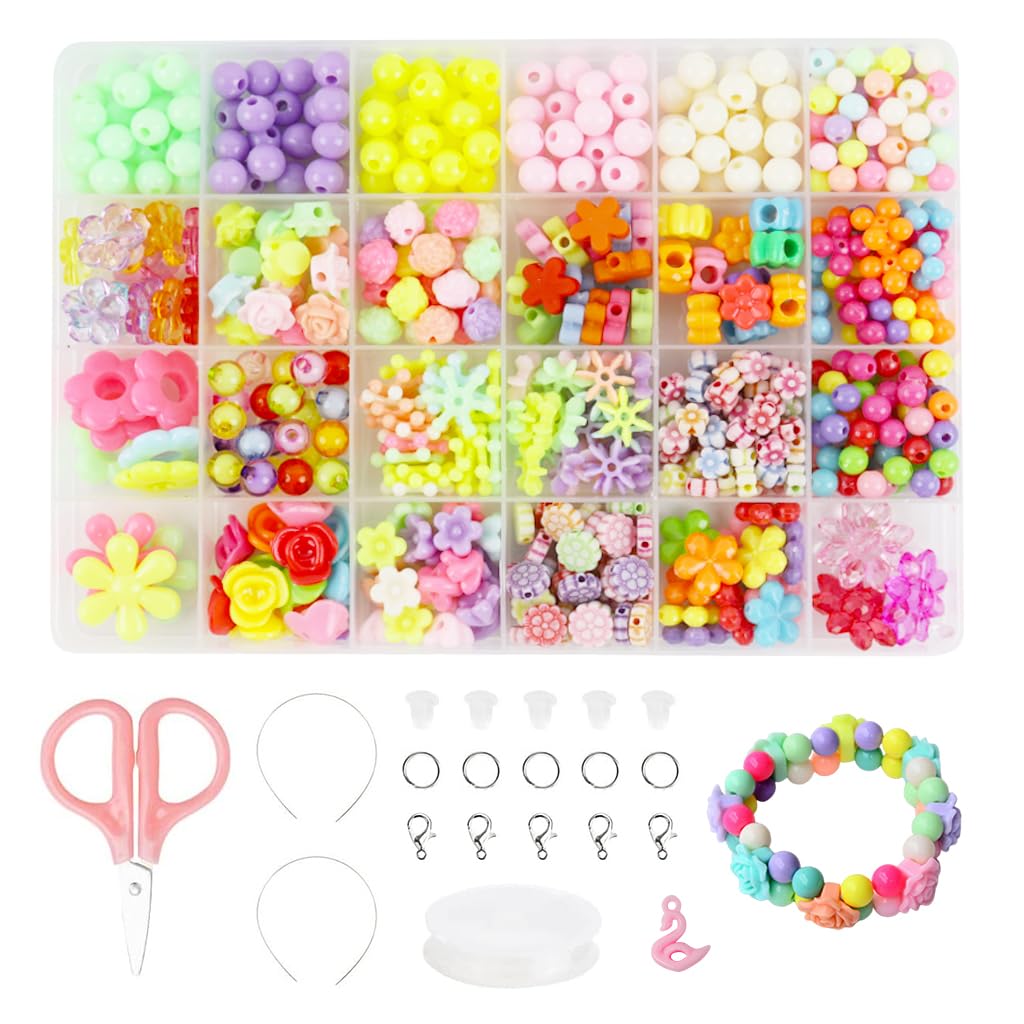 SANNIDHI Bracelet Making Kit for Kids Girls, 600pcs+ Cute Beads for Jewellery Making Kit, Color Acrylic Necklace Bracelet Beads Kit, 24 Grids Beads Set for Crafts DIY, Children's Day Gift