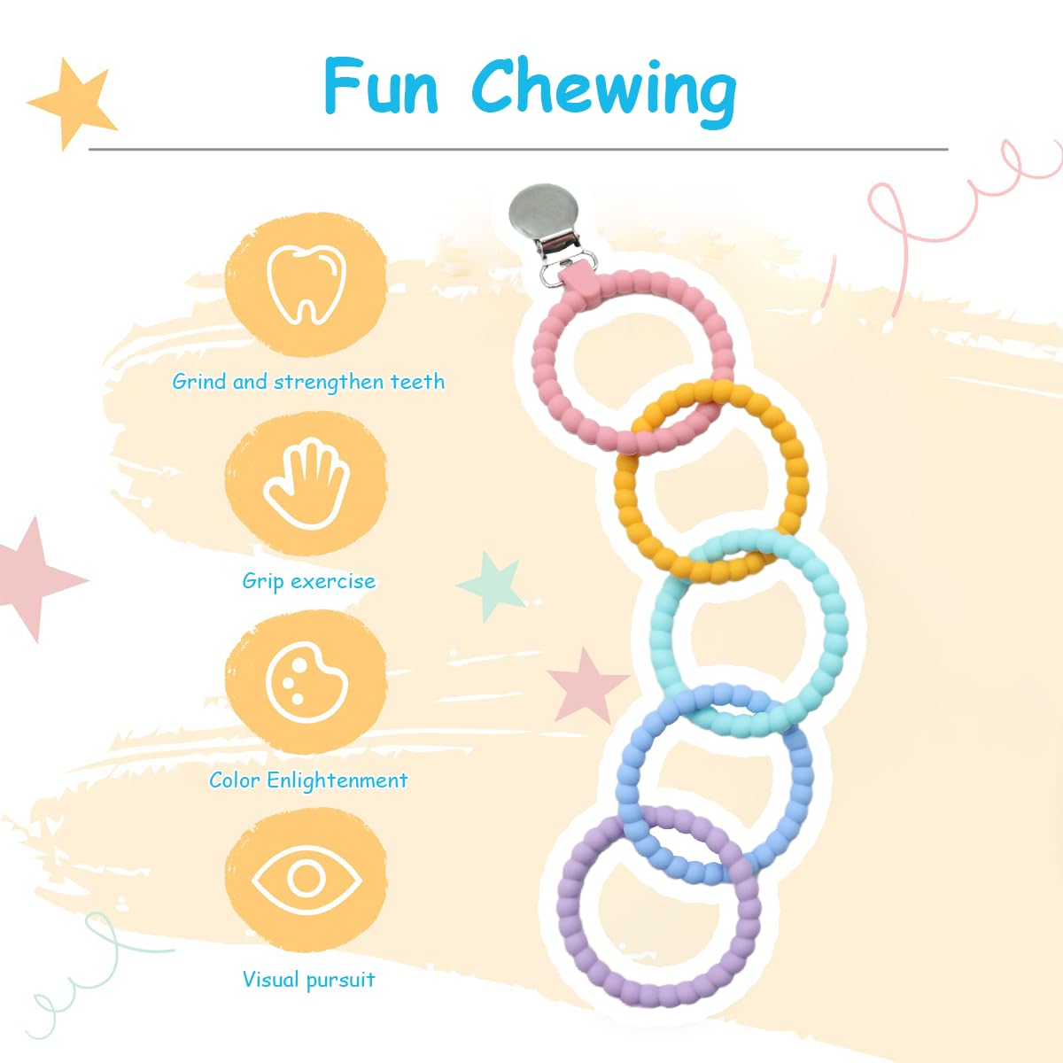 SNOWIE SOFT Baby Teether Toy for 0-24 Months with 5 Loop Design and Stainless Steel Clip | Food Grade Silicone for Safe Chewing and Sensory Development