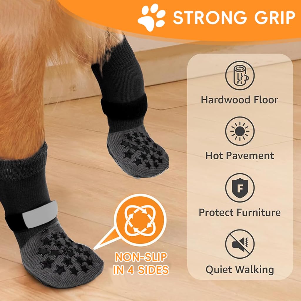Qpets Dog Socks for Paw Protection with Reflective Adjustable Straps and Non Slip Grip | 4pcs 8cm Width Cotton