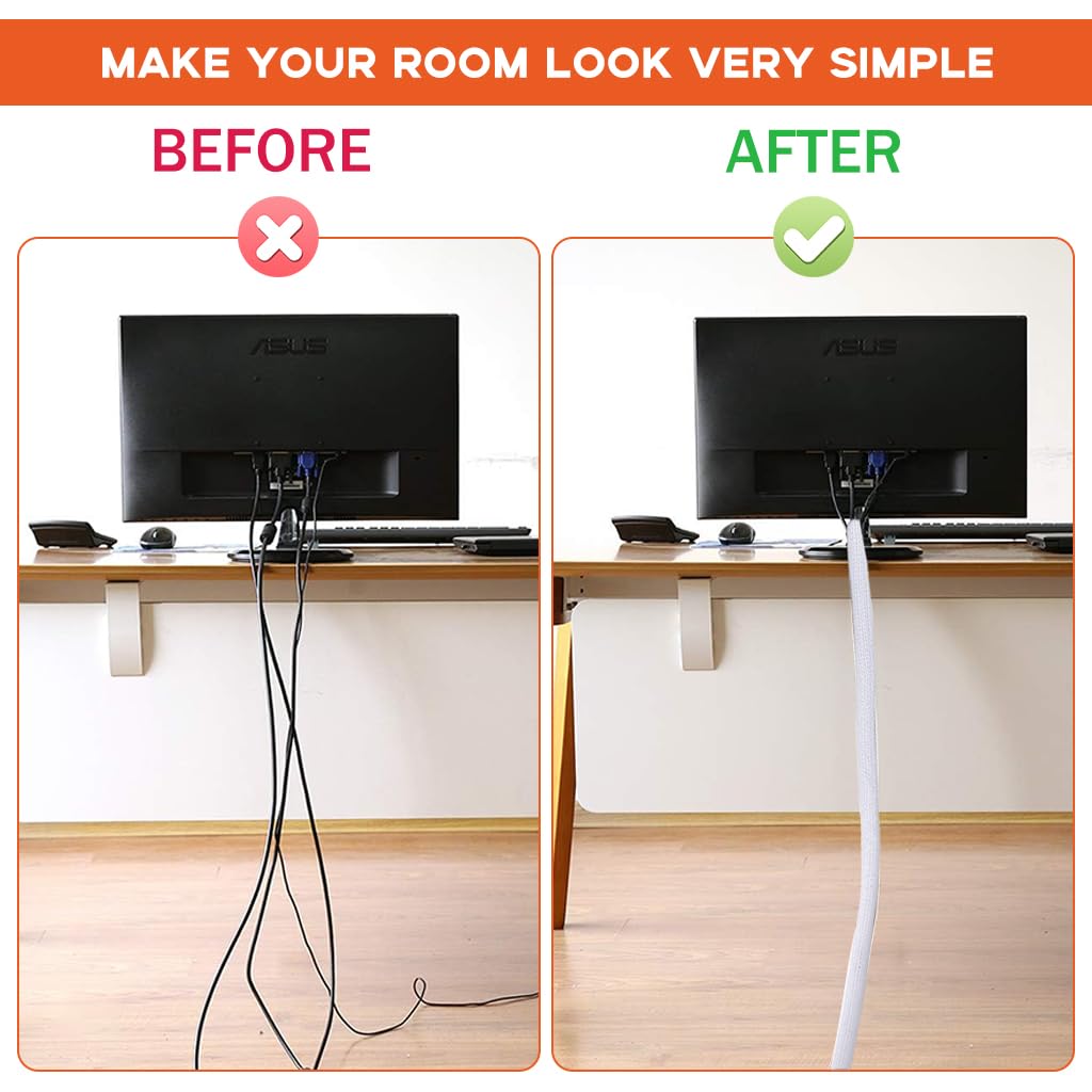 Supvox Cord Protector Wire Loom Tubing for Home and Office Cable Management 6.6ft | Self-Closing Polyester Sleeve White