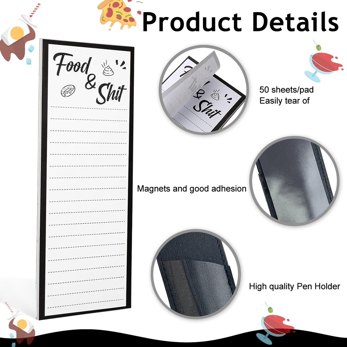 Climberty® Grocery Shopping List Fridge Magnet with Marker, 50-Sheet Magnetic Kitchen Grocery List Note Pads, Magnetic Pu Leather Marker Pouch for Shopping and to Do Lists (Black)