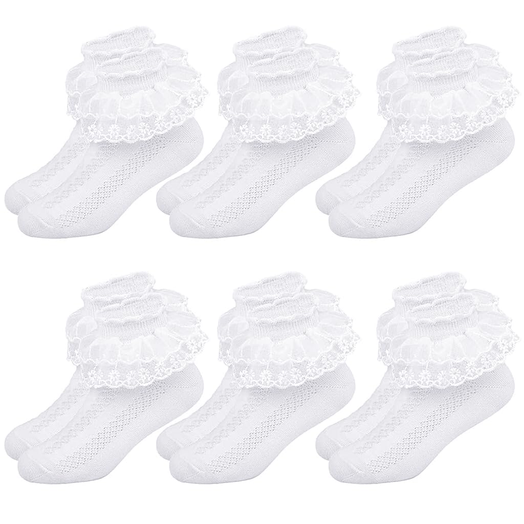 SNOWIE SOFT Lace White Socks for Girls featuring Ruffled Trim and Breathable Cotton 6 Pairs for Ages 4–6