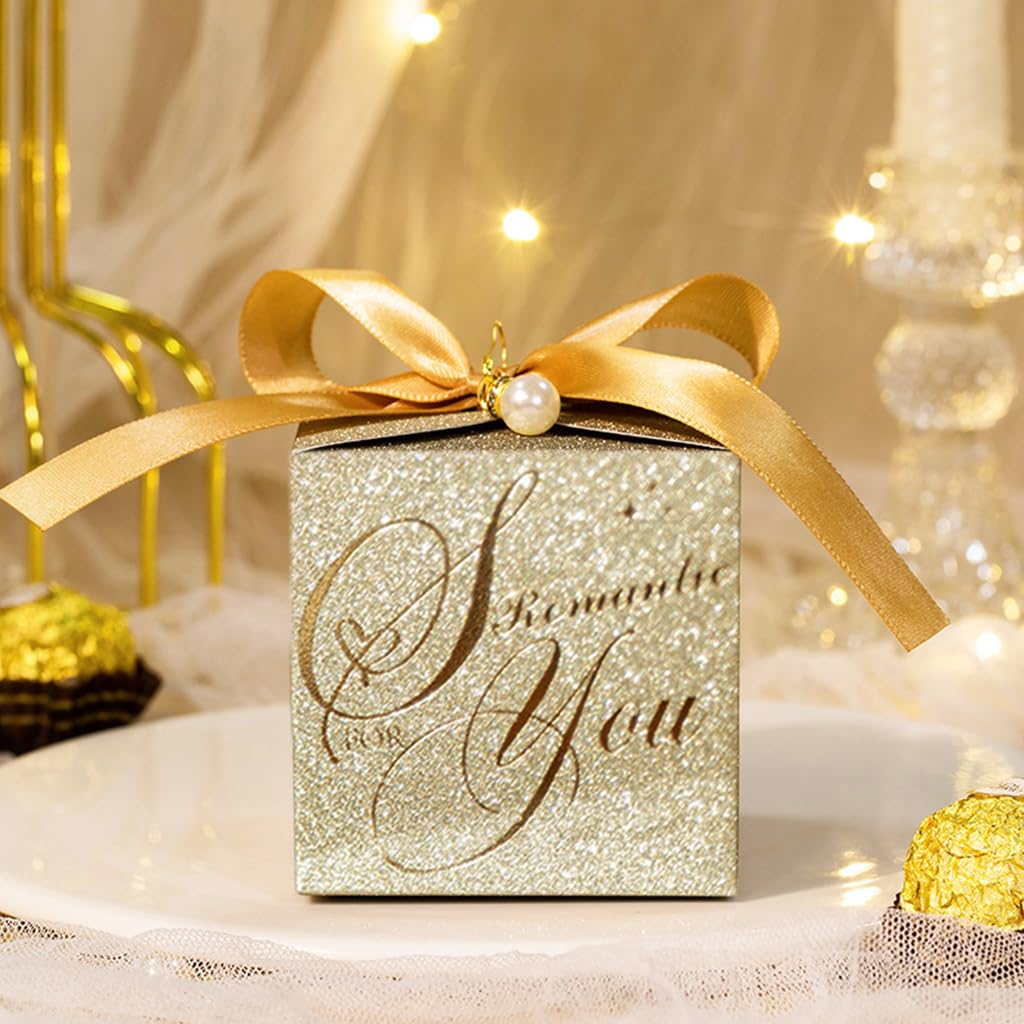 HASTHIP® 10PCS Small Gift Boxes, Wedding Gift Box, Gold Candy Gift Box Paper Box with Ribbon & Pearl Pin for Wedding, Birthday, Christmas Decoration Party Favor