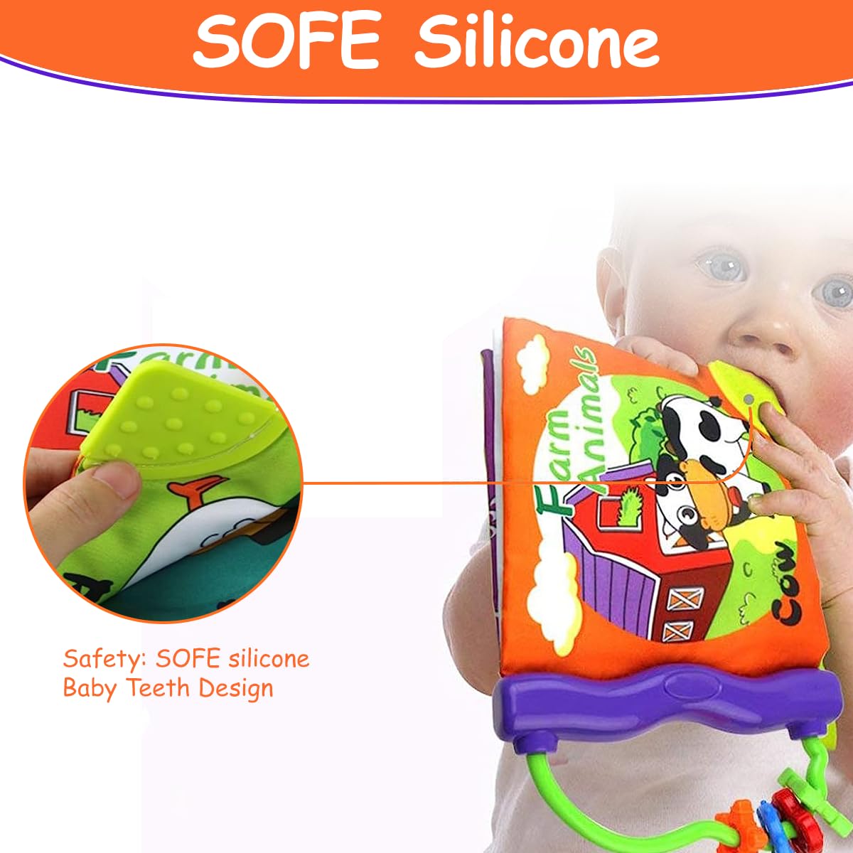PATPAT Cloth Book for Babies with Teether and Rattle Ring featuring 8 Cartoon Animal Pages | Soft Washable Sensory Toy for 3–12 Month Infants